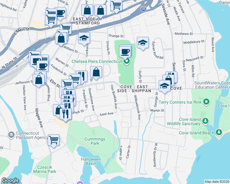 map of restaurants, bars, coffee shops, grocery stores, and more near 17 Van Buskirk Avenue in Stamford