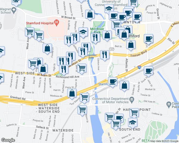 map of restaurants, bars, coffee shops, grocery stores, and more near 53 Greenwich Avenue in Stamford