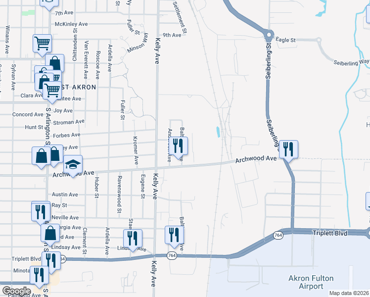 map of restaurants, bars, coffee shops, grocery stores, and more near 539 Baltimore Avenue in Akron