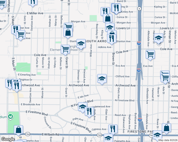map of restaurants, bars, coffee shops, grocery stores, and more near 1240 Wilbur Avenue in Akron