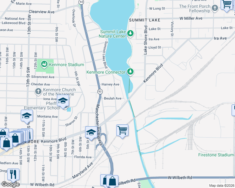 map of restaurants, bars, coffee shops, grocery stores, and more near 1890 1st Street Southwest in Akron