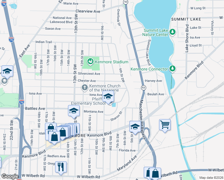 map of restaurants, bars, coffee shops, grocery stores, and more near 673 Harrison Avenue in Akron