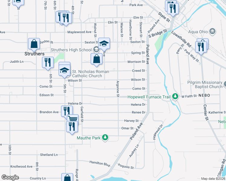 map of restaurants, bars, coffee shops, grocery stores, and more near 123 Como Street in Struthers