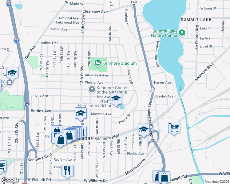 map of restaurants, bars, coffee shops, grocery stores, and more near 715 Harrison Avenue in Akron
