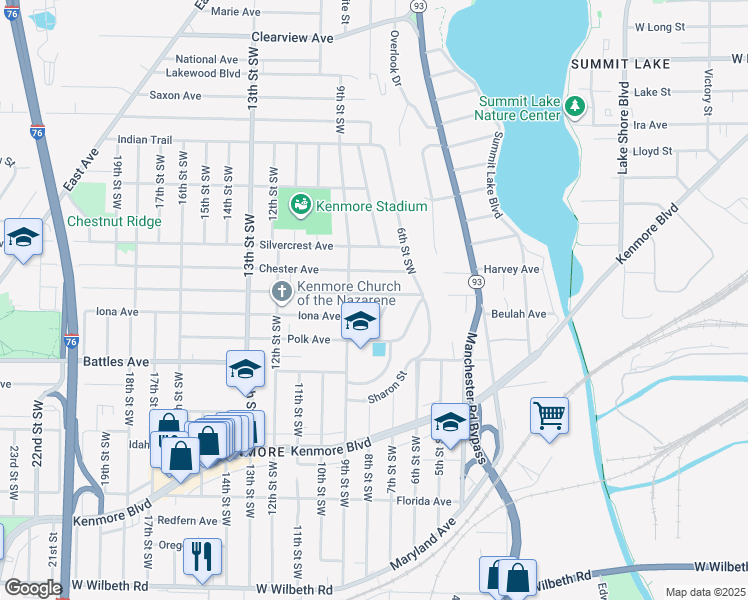 map of restaurants, bars, coffee shops, grocery stores, and more near 673 Harrison Avenue in Akron