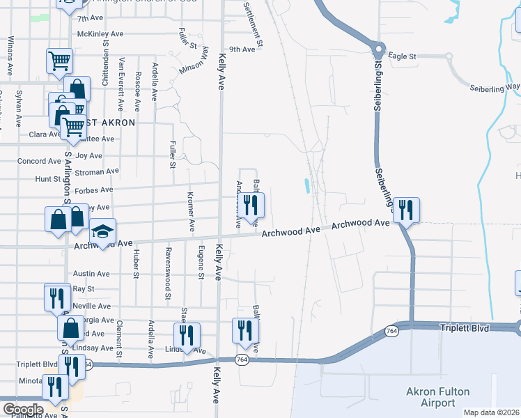 map of restaurants, bars, coffee shops, grocery stores, and more near 539 Baltimore Avenue in Akron