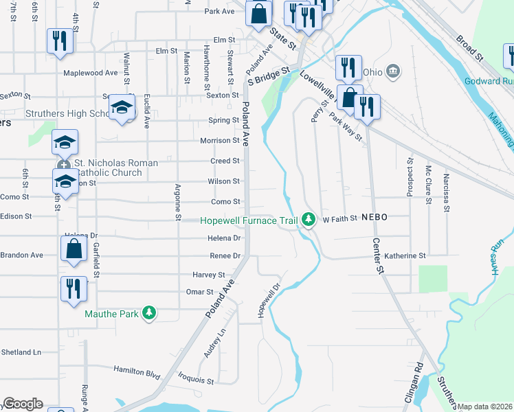 map of restaurants, bars, coffee shops, grocery stores, and more near 25 Sells Avenue in Struthers