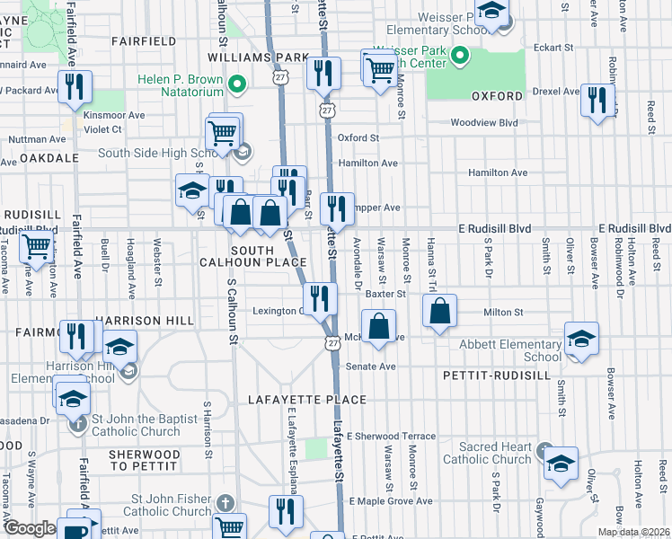 map of restaurants, bars, coffee shops, grocery stores, and more near 4004 Lafayette Street in Fort Wayne