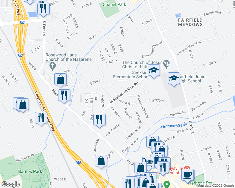 map of restaurants, bars, coffee shops, grocery stores, and more near 801 Country Shire Drive in Kaysville