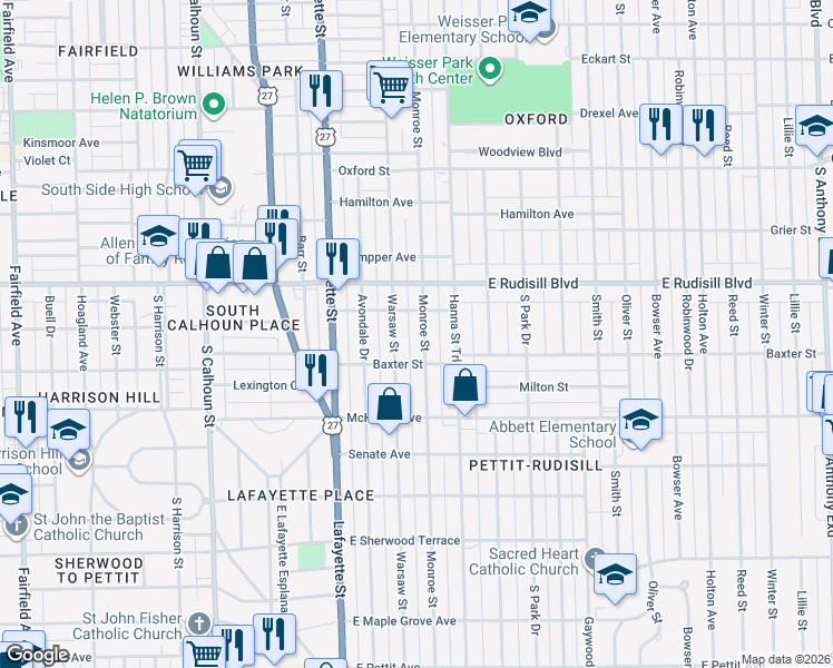 map of restaurants, bars, coffee shops, grocery stores, and more near 4009 Warsaw Street in Fort Wayne