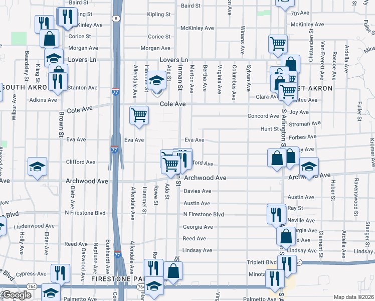 map of restaurants, bars, coffee shops, grocery stores, and more near 1073 Inman Street in Akron