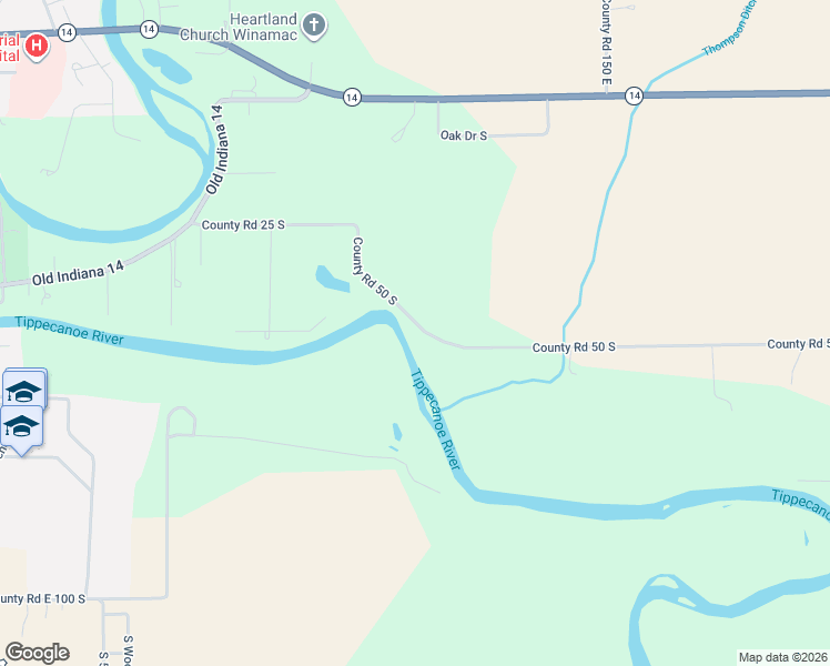 map of restaurants, bars, coffee shops, grocery stores, and more near 1001-1099 County Road 25 South in Winamac