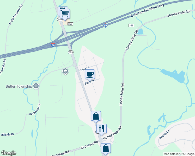 map of restaurants, bars, coffee shops, grocery stores, and more near 124 Birch Street in Drums