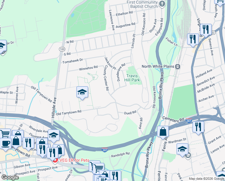 map of restaurants, bars, coffee shops, grocery stores, and more near 41 Manitou Trail in White Plains