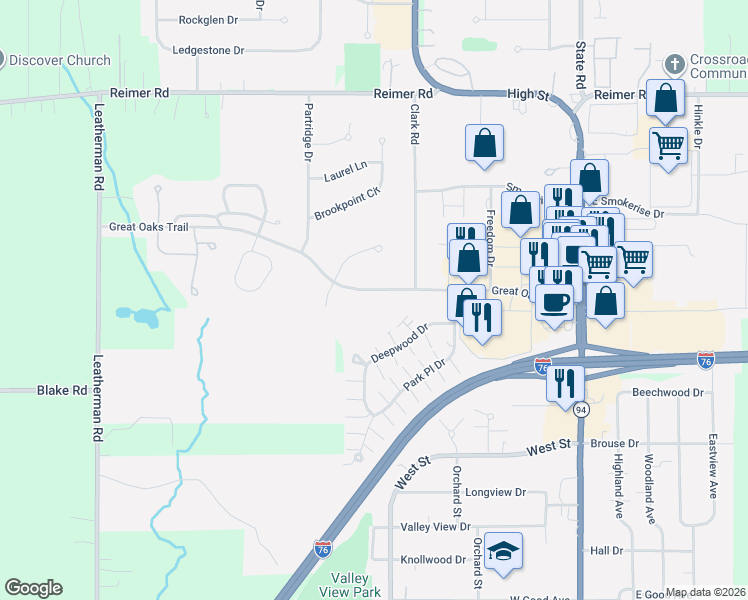 map of restaurants, bars, coffee shops, grocery stores, and more near 329 Great Oaks Trail in Wadsworth
