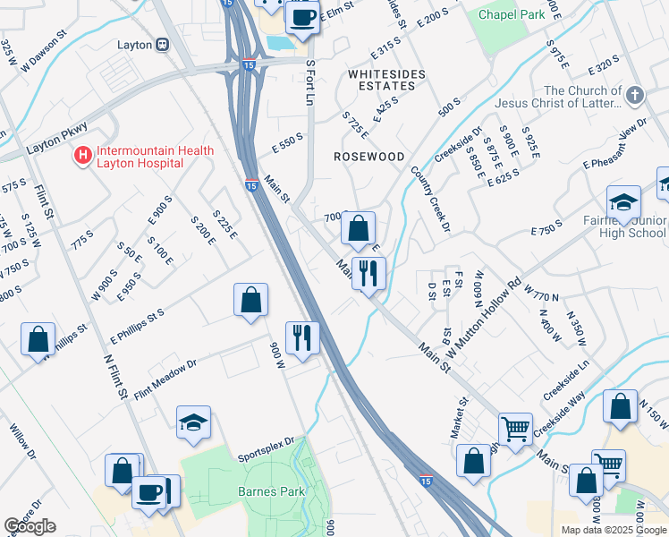 map of restaurants, bars, coffee shops, grocery stores, and more near 786 South Main Street in Layton
