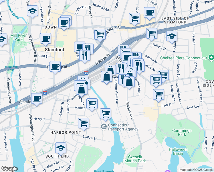 map of restaurants, bars, coffee shops, grocery stores, and more near 69 Jefferson Street in Stamford