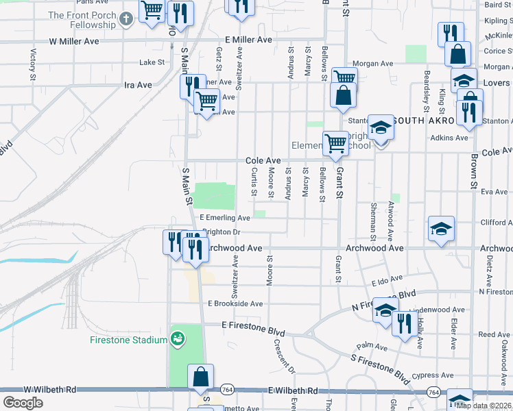 map of restaurants, bars, coffee shops, grocery stores, and more near 112 Leora Street in Akron