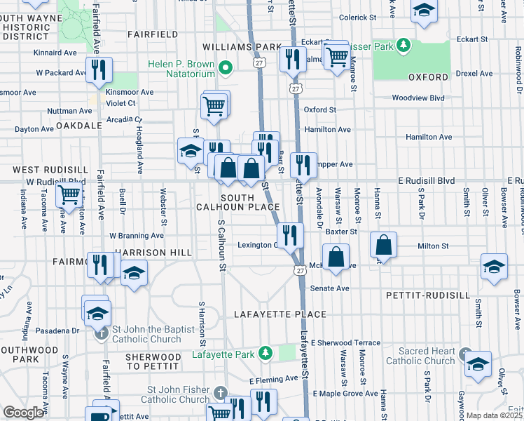 map of restaurants, bars, coffee shops, grocery stores, and more near 216 East Foster Parkway in Fort Wayne