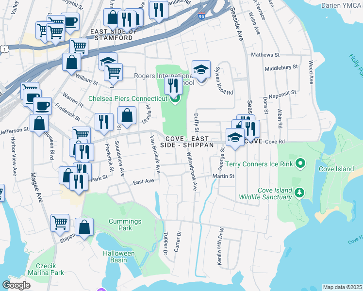 map of restaurants, bars, coffee shops, grocery stores, and more near in Stamford