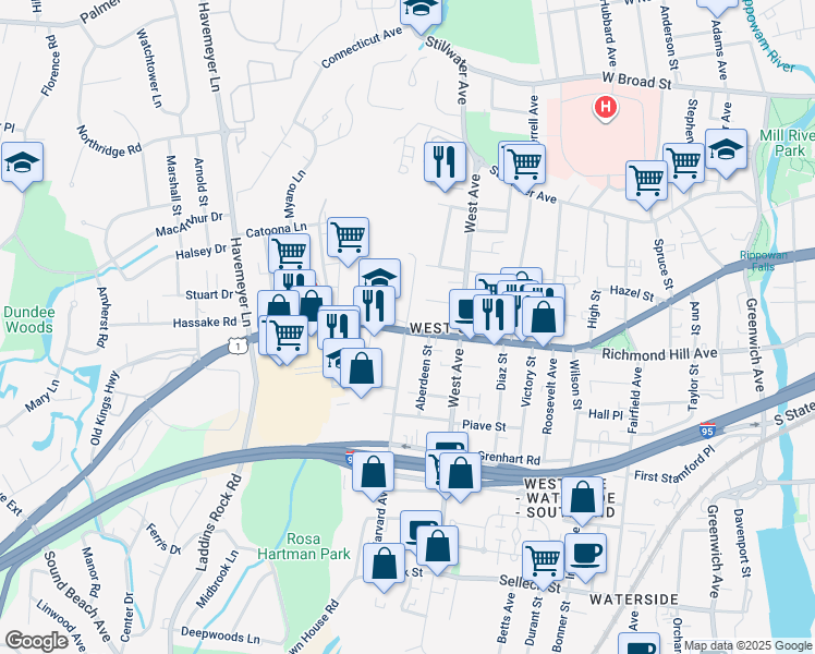 map of restaurants, bars, coffee shops, grocery stores, and more near 511 West Main Street in Stamford