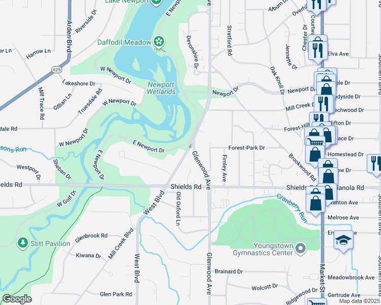 map of restaurants, bars, coffee shops, grocery stores, and more near 5010 West Boulevard in Youngstown