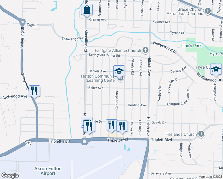 map of restaurants, bars, coffee shops, grocery stores, and more near 1895 Baker Avenue in Akron