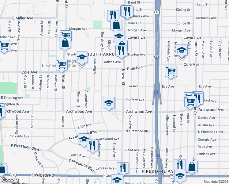 map of restaurants, bars, coffee shops, grocery stores, and more near 1190 Tulip Street in Akron