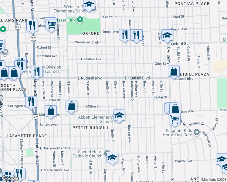 map of restaurants, bars, coffee shops, grocery stores, and more near 4001 Smith Street in Fort Wayne