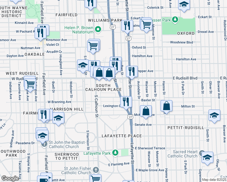 map of restaurants, bars, coffee shops, grocery stores, and more near 216 East Foster Parkway in Fort Wayne