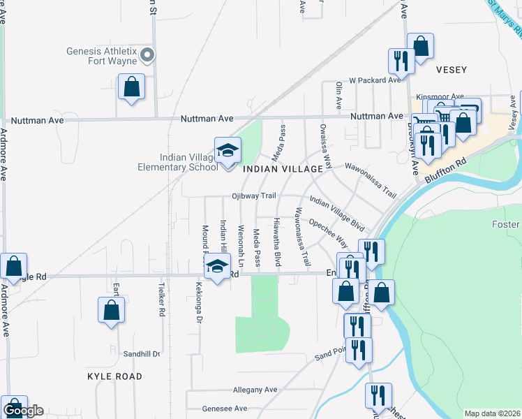 map of restaurants, bars, coffee shops, grocery stores, and more near 3916 Meda Pass in Fort Wayne
