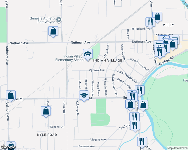 map of restaurants, bars, coffee shops, grocery stores, and more near 3916 Meda Pass in Fort Wayne