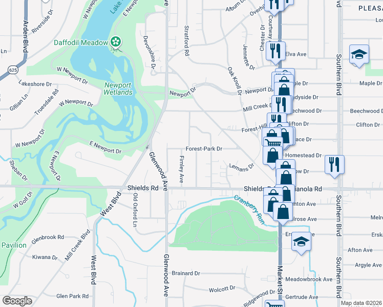 map of restaurants, bars, coffee shops, grocery stores, and more near 240 Forest-Park Drive in Youngstown