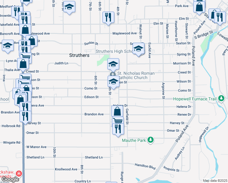 map of restaurants, bars, coffee shops, grocery stores, and more near 800 5th Street in Struthers