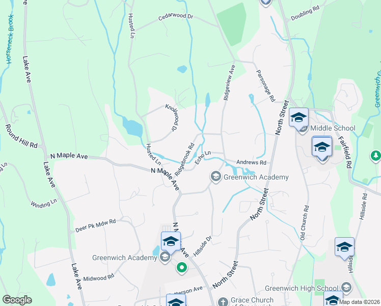 map of restaurants, bars, coffee shops, grocery stores, and more near 15 Ridgebrook Road in Greenwich