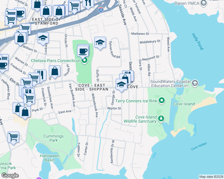 map of restaurants, bars, coffee shops, grocery stores, and more near 734 Cove Road in Stamford