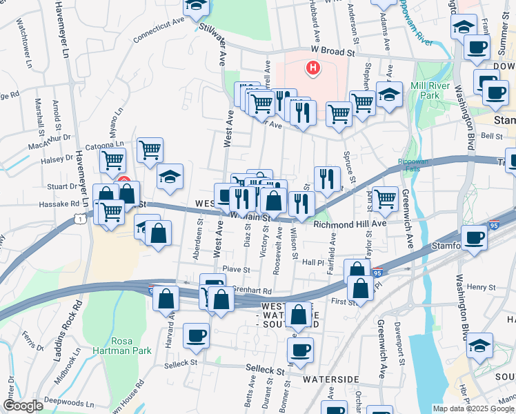 map of restaurants, bars, coffee shops, grocery stores, and more near 23 Virgil Street in Stamford