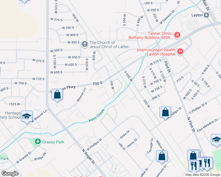 map of restaurants, bars, coffee shops, grocery stores, and more near 794 South 700 East in Layton