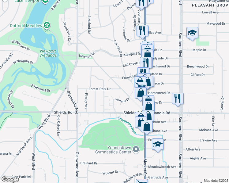 map of restaurants, bars, coffee shops, grocery stores, and more near 123 Forest-Park Drive in Youngstown