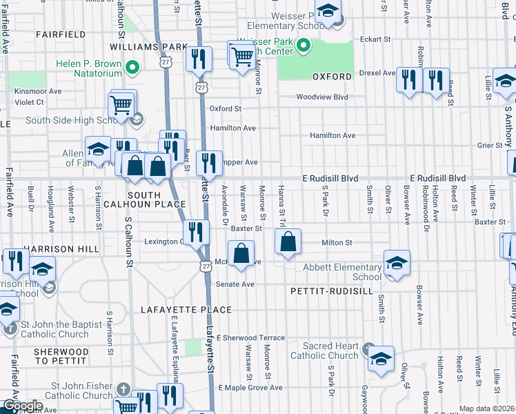 map of restaurants, bars, coffee shops, grocery stores, and more near 4009 Warsaw Street in Fort Wayne