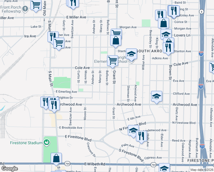 map of restaurants, bars, coffee shops, grocery stores, and more near 1247 Bellows Street in Akron