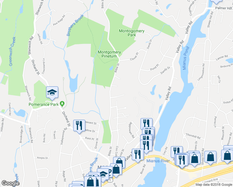 map of restaurants, bars, coffee shops, grocery stores, and more near 4 Caroline Farms Road in Greenwich