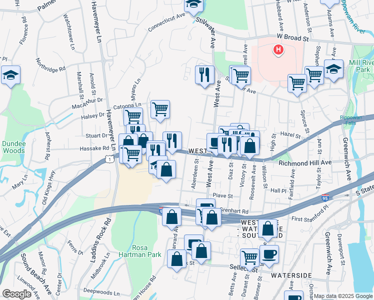 map of restaurants, bars, coffee shops, grocery stores, and more near 511 West Main Street in Stamford
