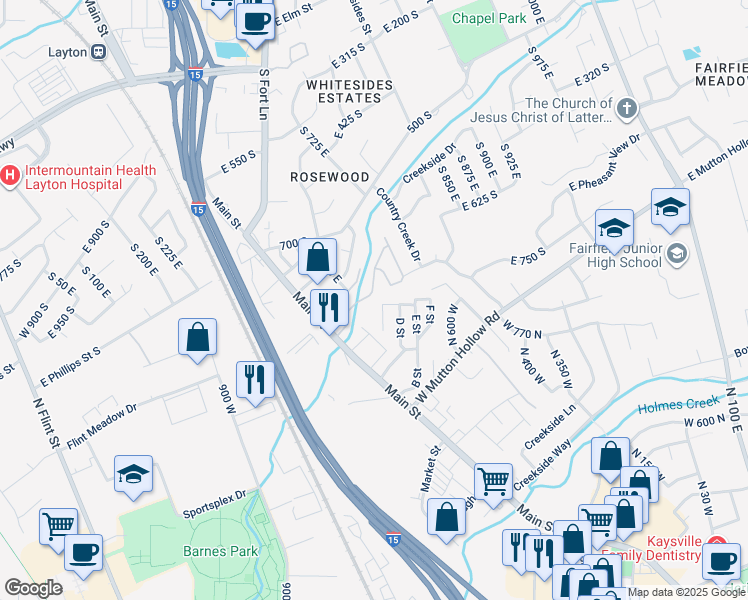 map of restaurants, bars, coffee shops, grocery stores, and more near 642 East Clearwater Drive North in Layton