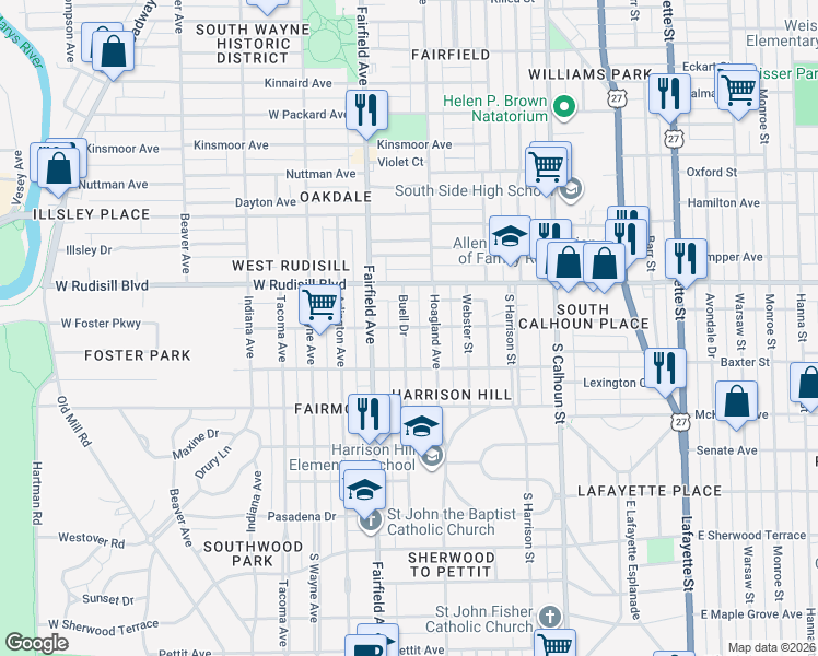map of restaurants, bars, coffee shops, grocery stores, and more near 417 West Foster Parkway in Fort Wayne