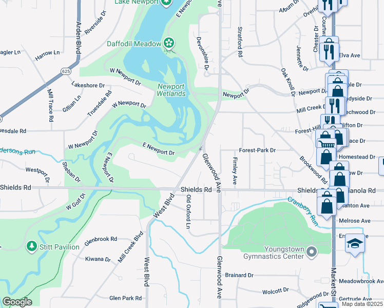 map of restaurants, bars, coffee shops, grocery stores, and more near 5010 West Boulevard in Youngstown
