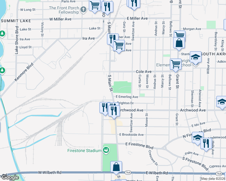 map of restaurants, bars, coffee shops, grocery stores, and more near 1403 South Main Street in Akron