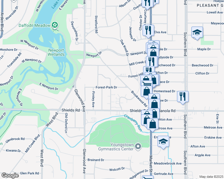 map of restaurants, bars, coffee shops, grocery stores, and more near 149 Forest-Park Drive in Youngstown