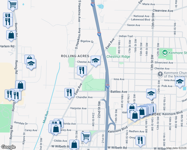 map of restaurants, bars, coffee shops, grocery stores, and more near 1999 East Avenue in Akron