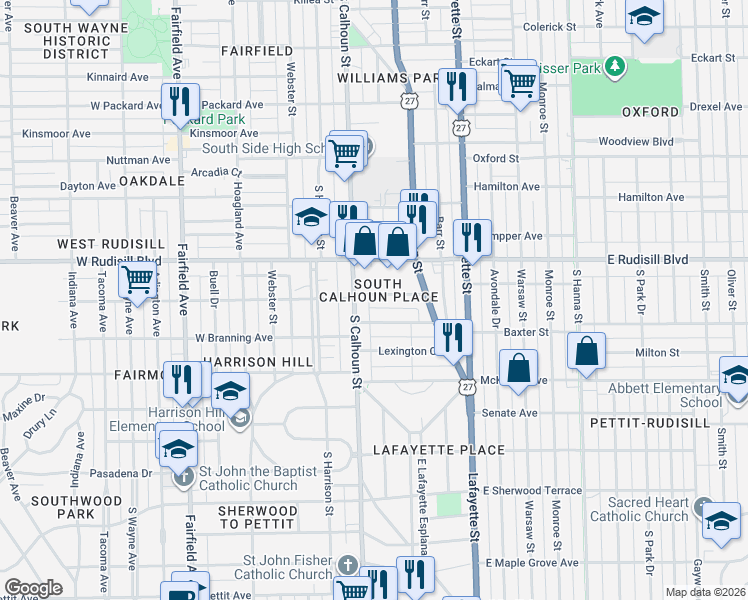 map of restaurants, bars, coffee shops, grocery stores, and more near 3931 South Calhoun Street in Fort Wayne